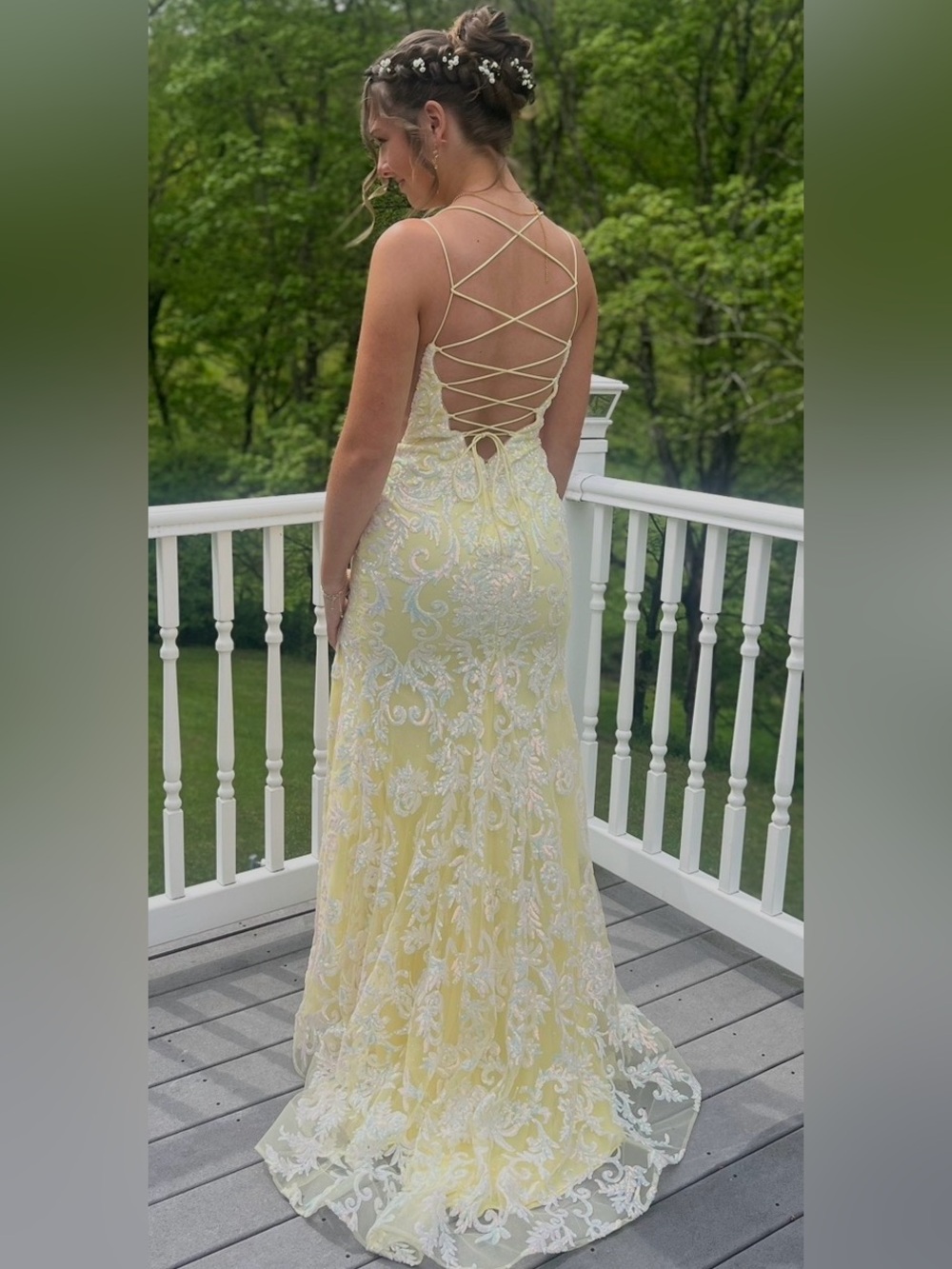 Lace-Back Yellow Floral Lace Prom Dress